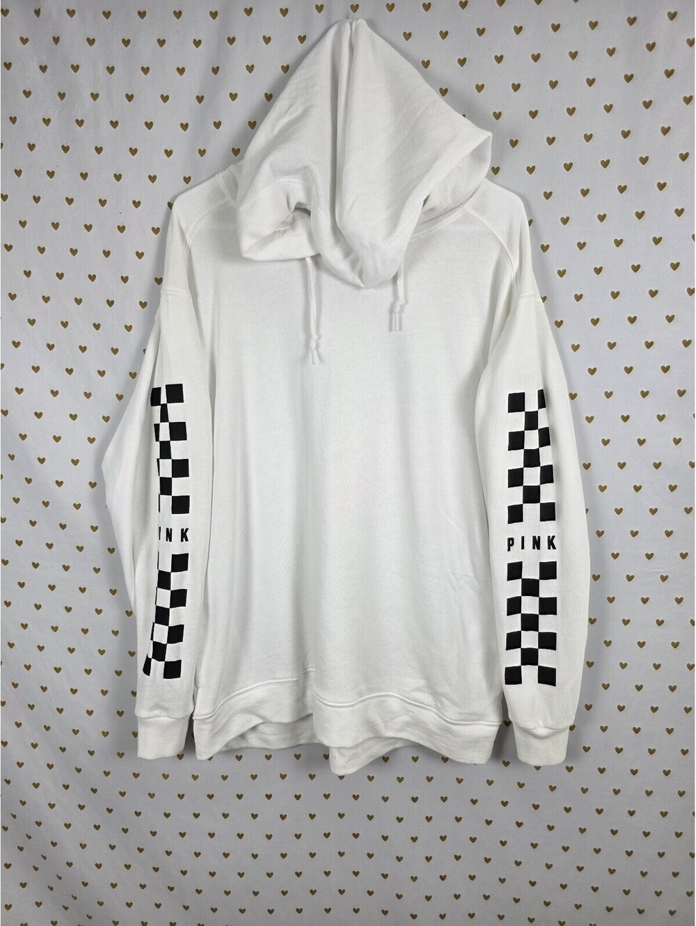 Victorias Secret Pink Checkered Campus Pullover Hoodie White Large